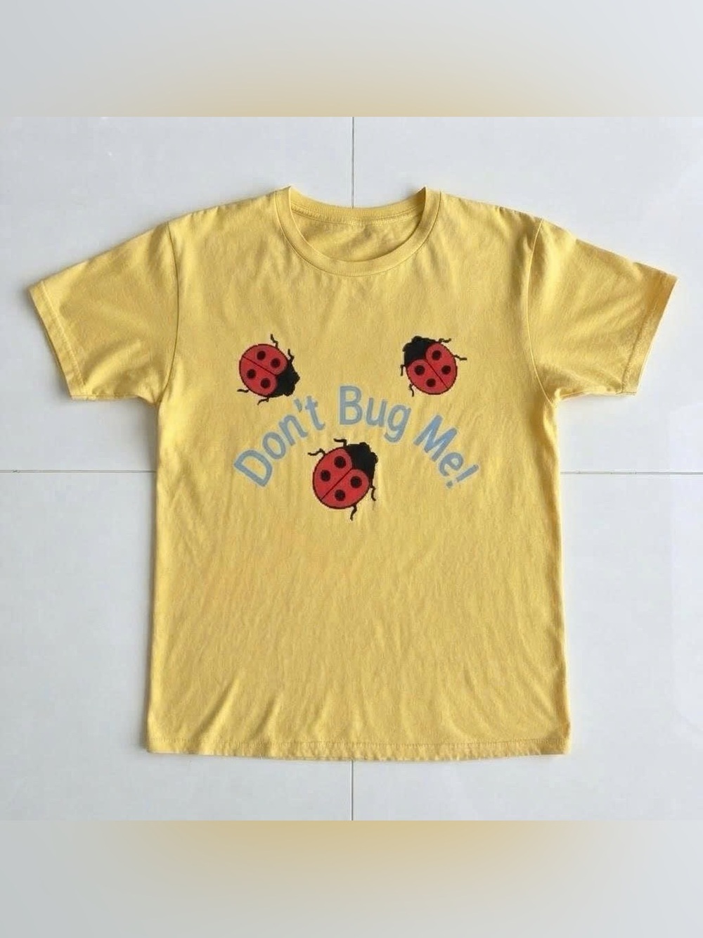 Vintage Yellow Tee with ‘Don’t Bug Me’ Red Ladybug Trio